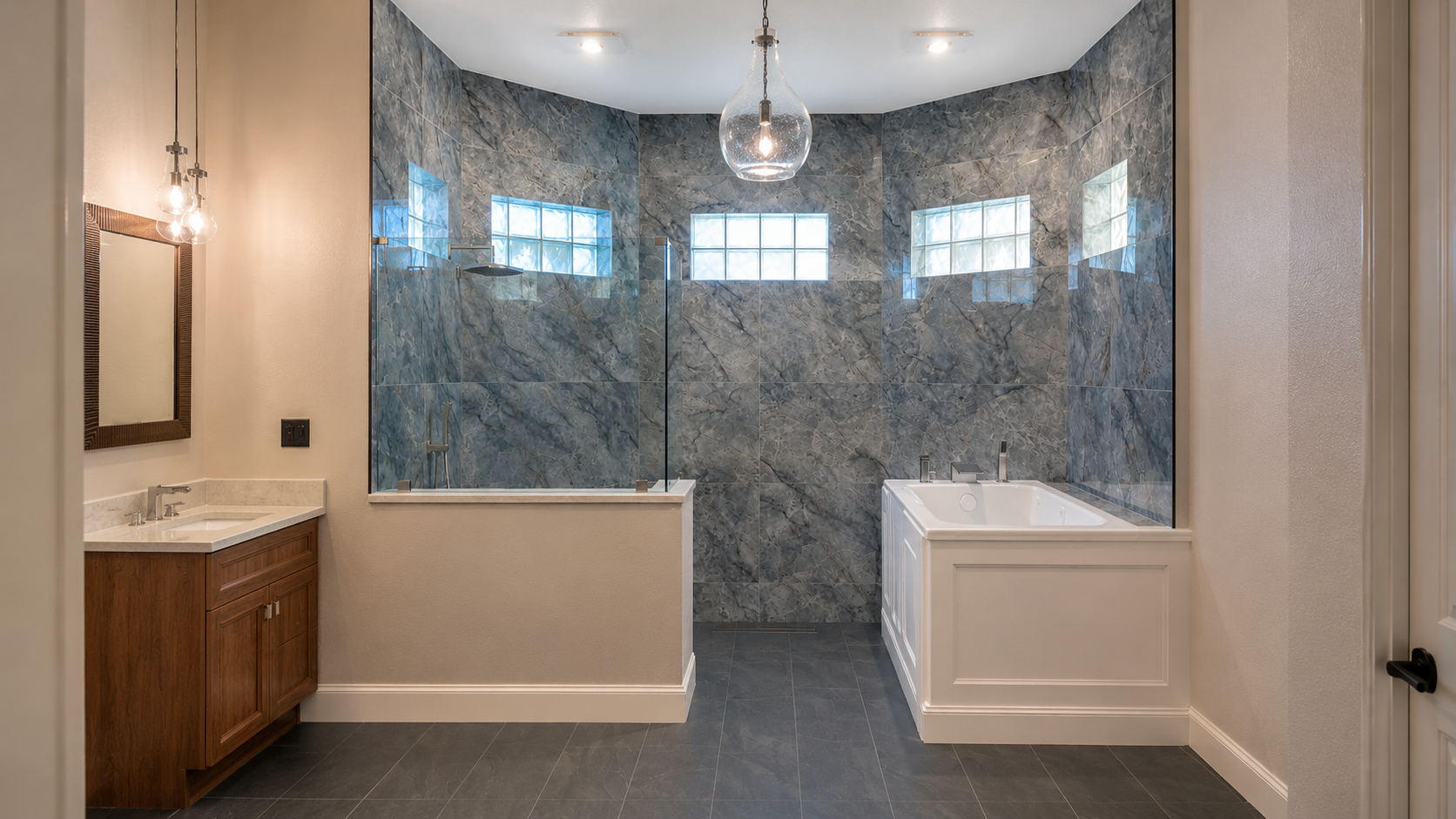 Bathroom after remodeling with blue tile