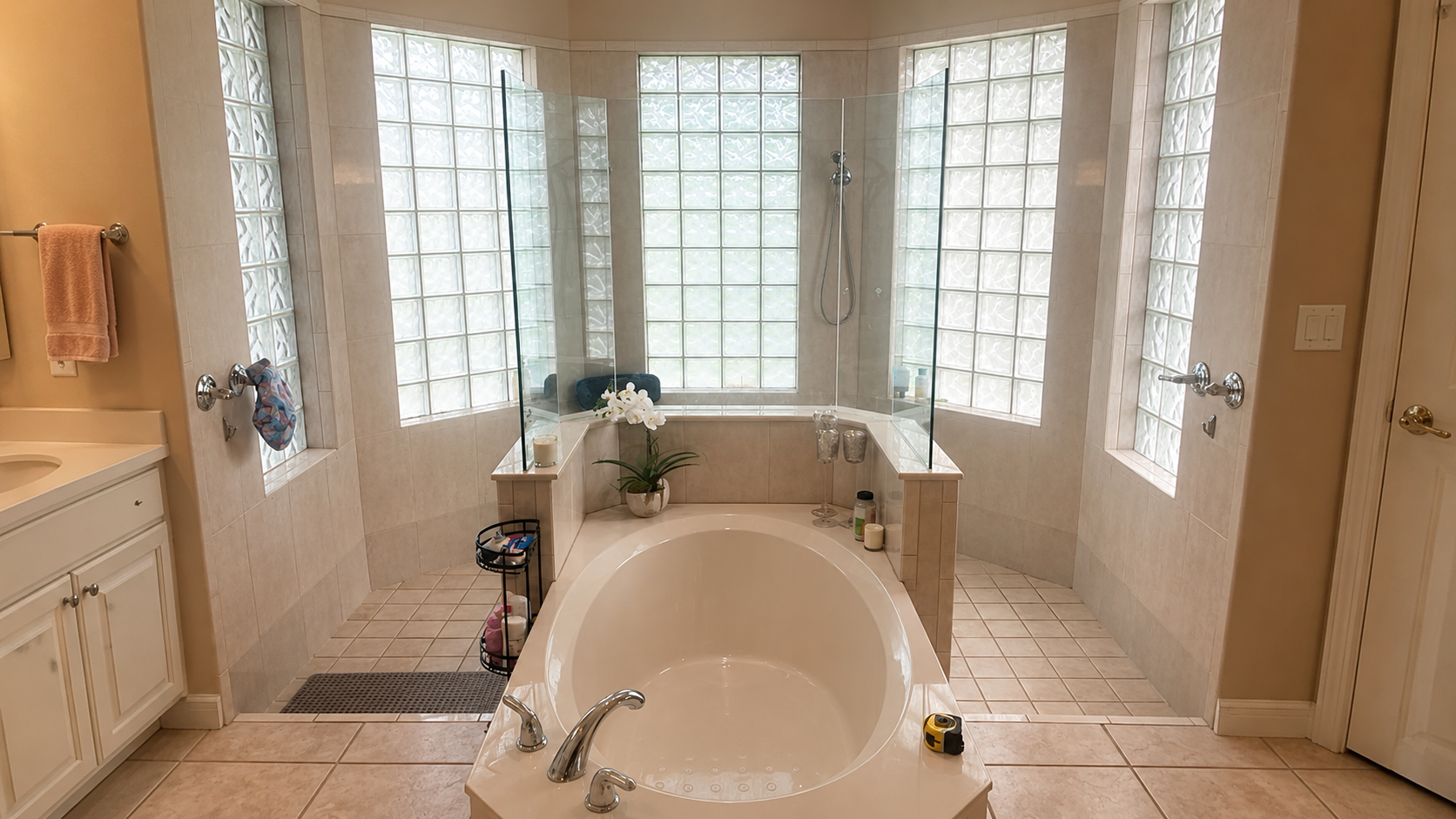 Bathroom before remodeling with wide glass block windows
