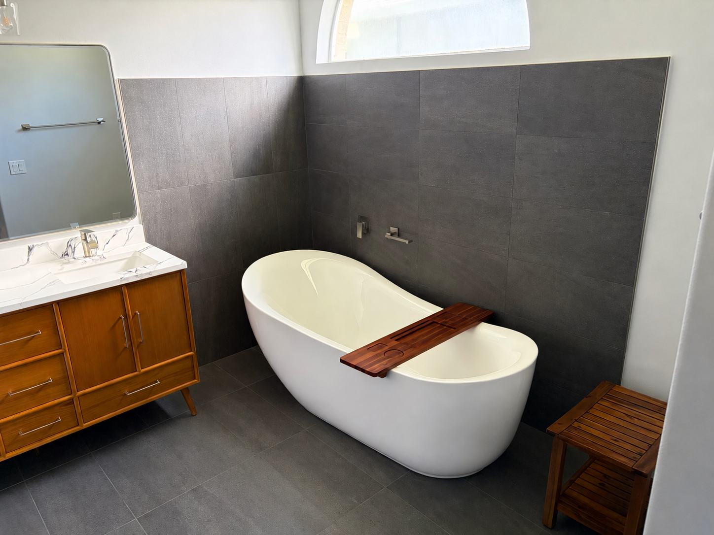 Finished bathroom remodel with freestanding tub