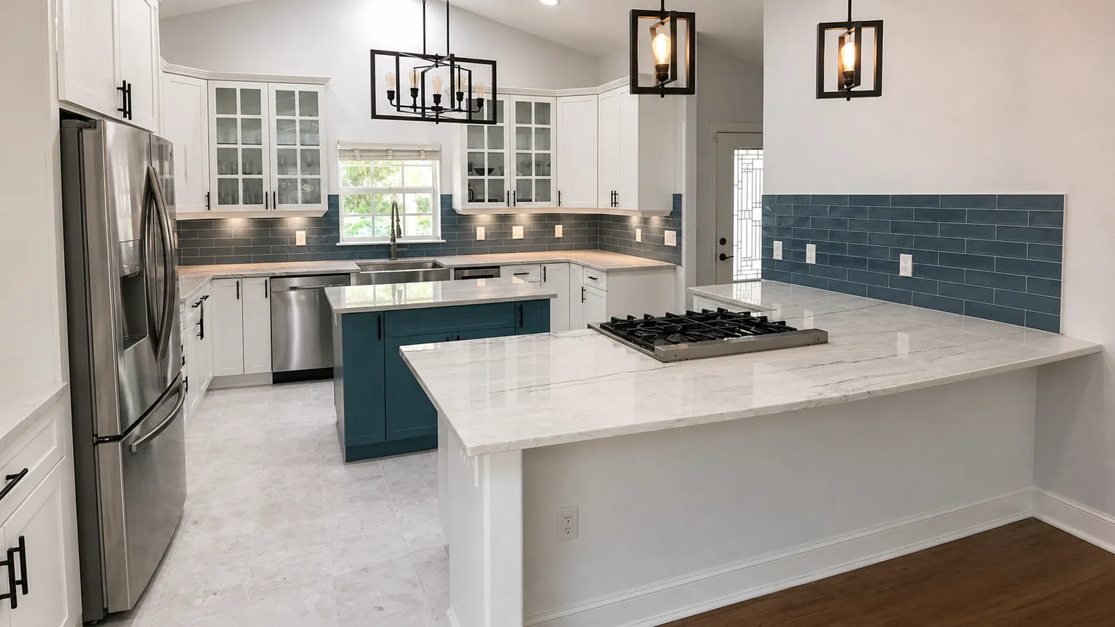 Finished kitchen remodel with blue accents